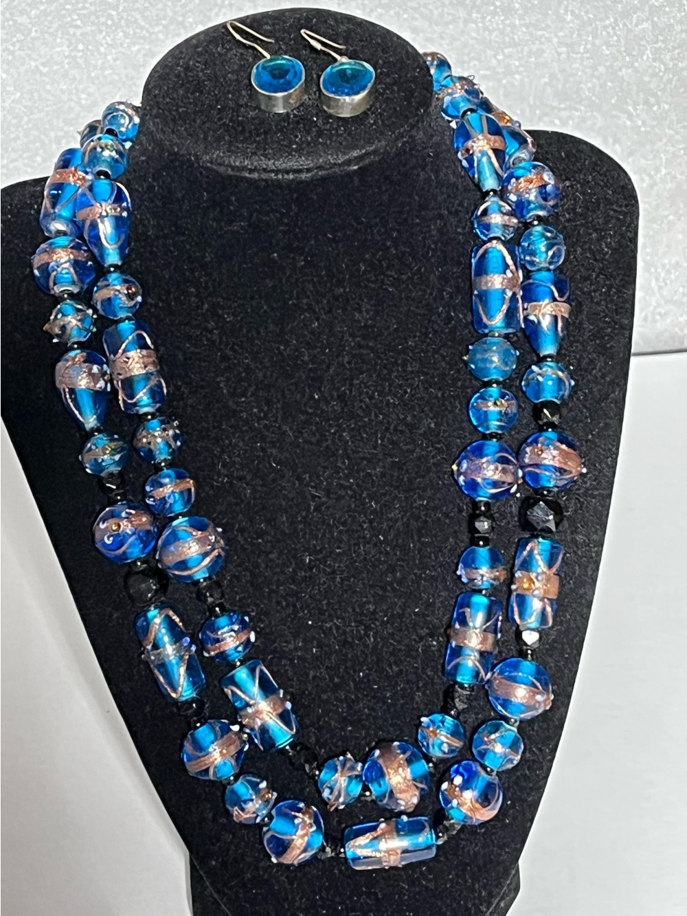 Blue Murano Wedding Cake Multi-Strand Necklace and Earrings Set